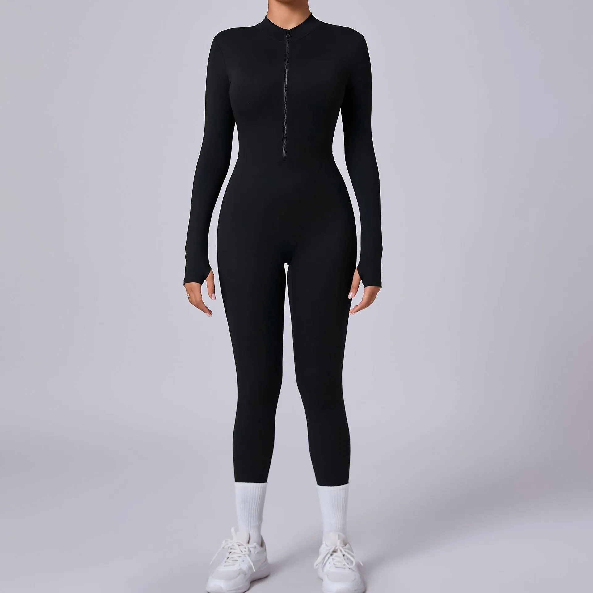 Sleek Solid Color Long Sleeve Half-Zip Yoga Jumpsuit for Active Style