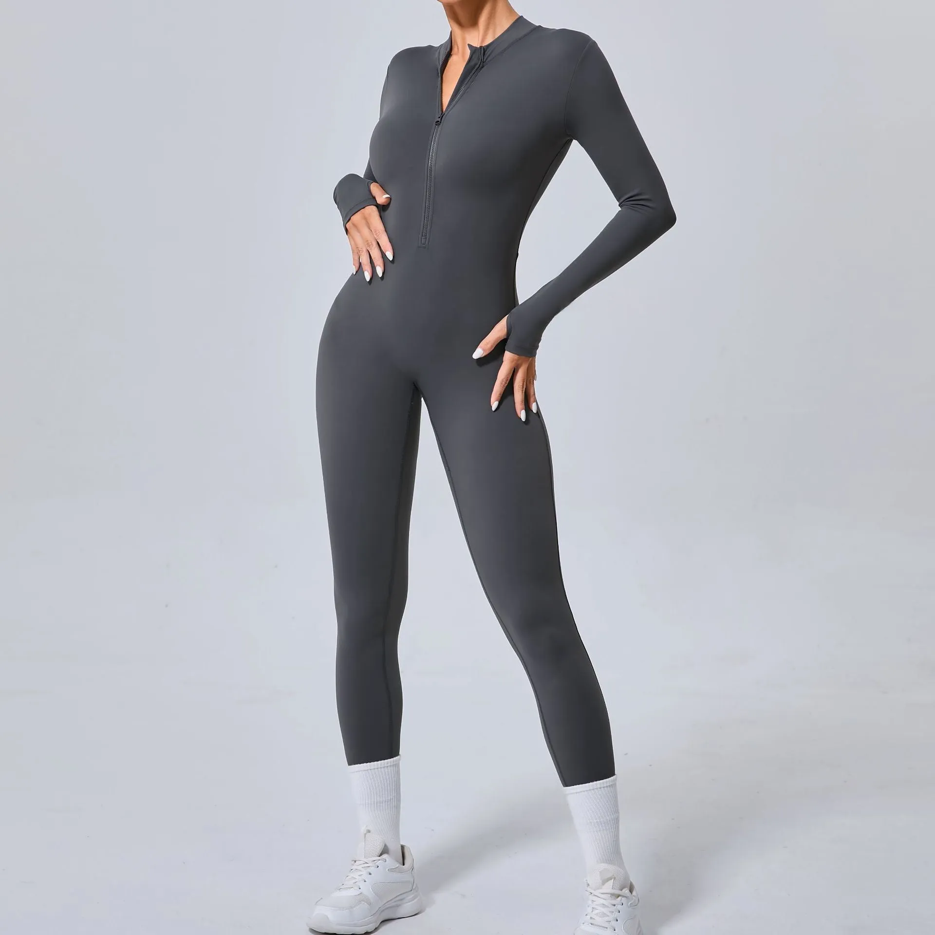 Sleek Solid Color Long Sleeve Half-Zip Yoga Jumpsuit for Active Style