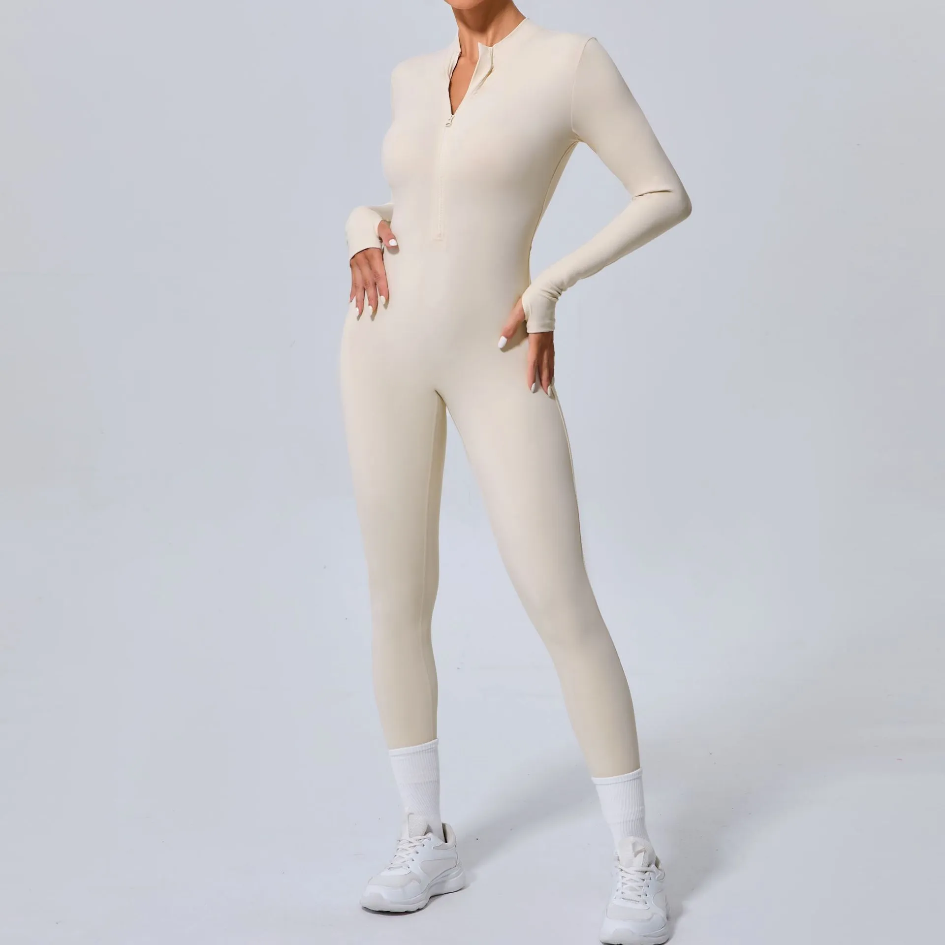 Sleek Solid Color Long Sleeve Half-Zip Yoga Jumpsuit for Active Style