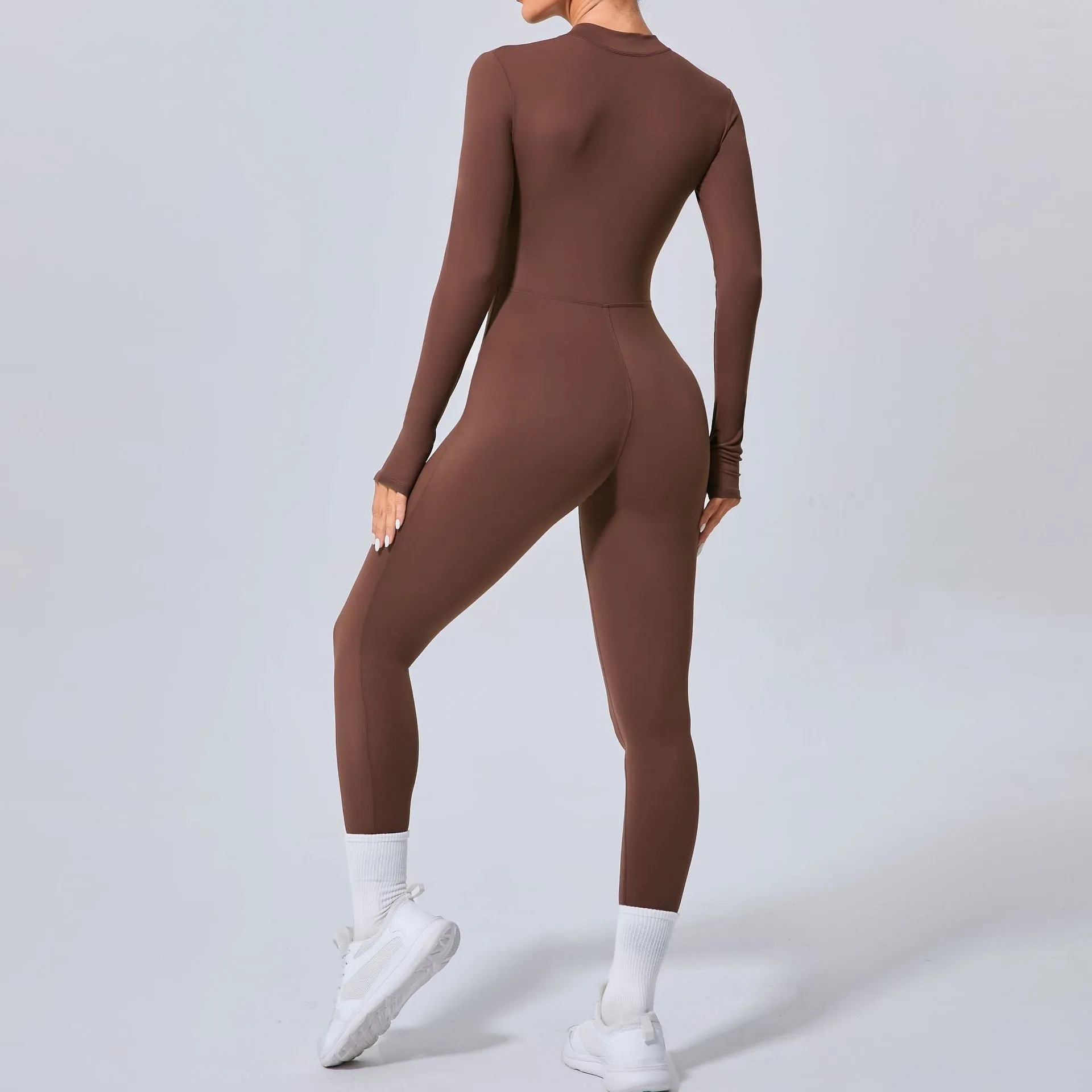 Sleek Solid Color Long Sleeve Half-Zip Yoga Jumpsuit for Active Style