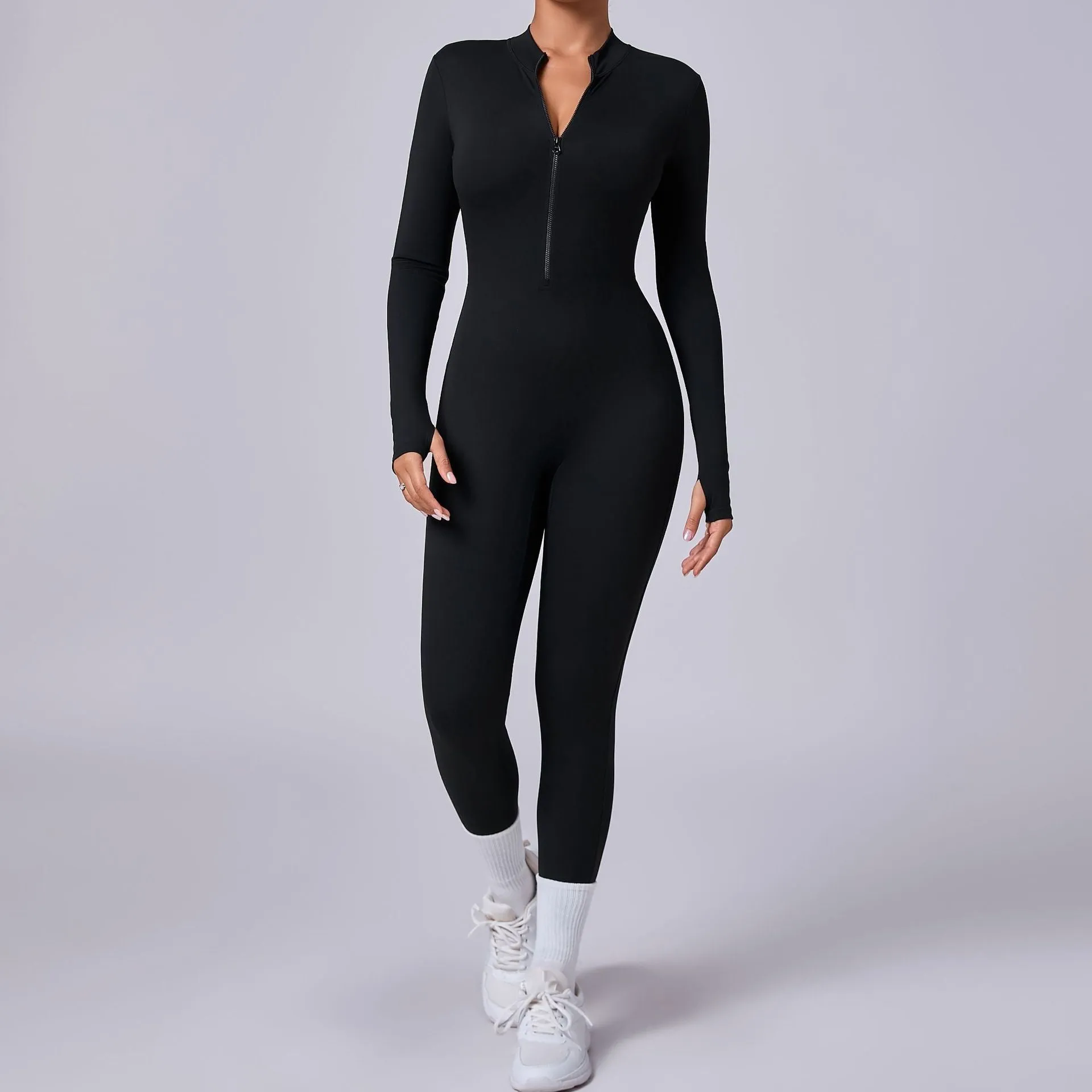 Sleek Solid Color Long Sleeve Half-Zip Yoga Jumpsuit for Active Style