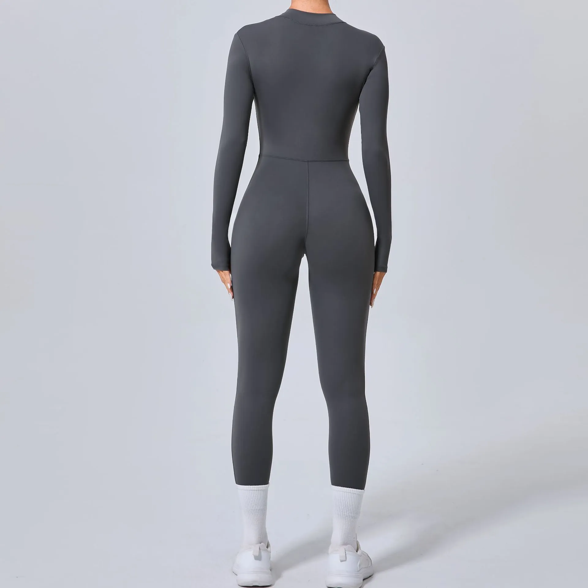 Sleek Solid Color Long Sleeve Half-Zip Yoga Jumpsuit for Active Style