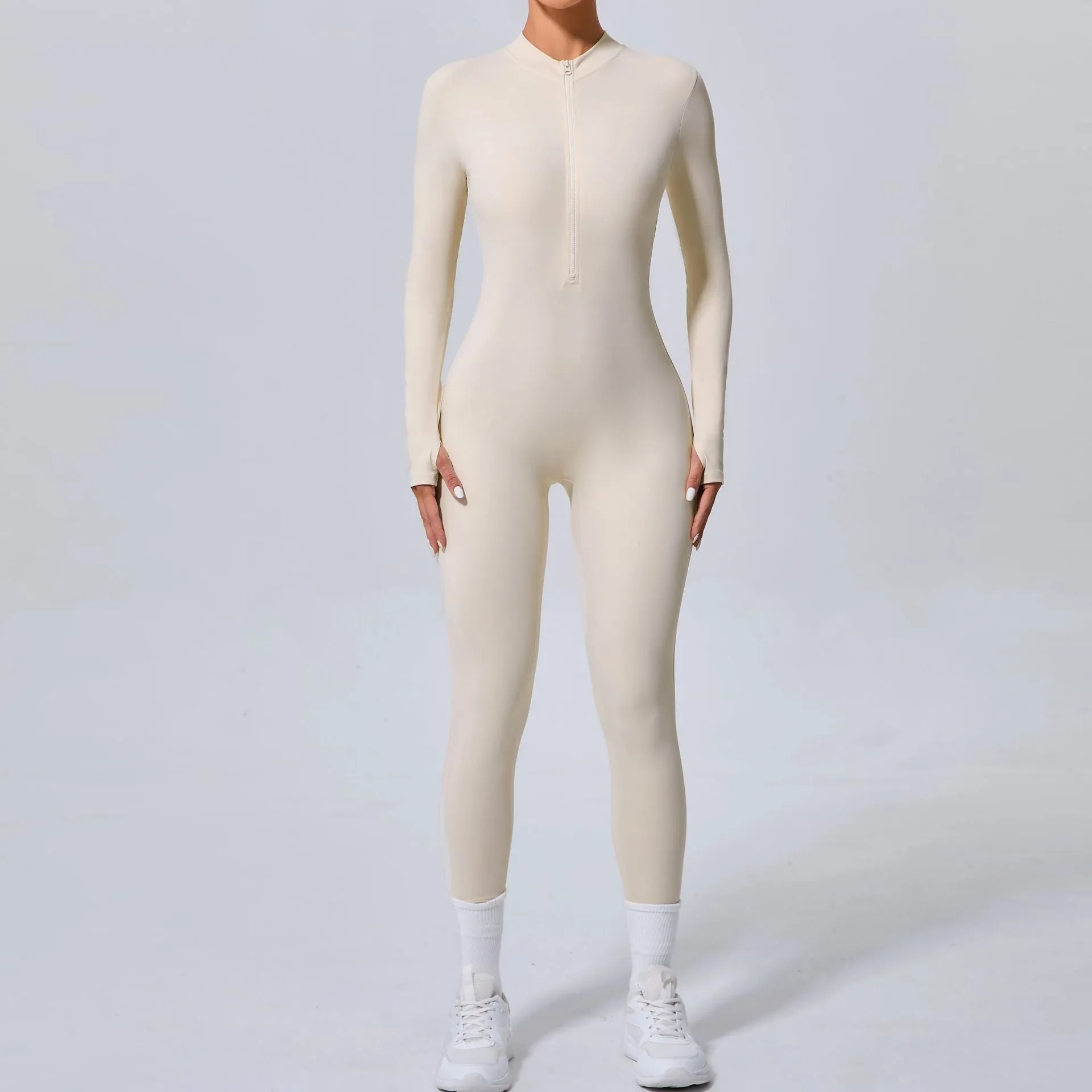 Sleek Solid Color Long Sleeve Half-Zip Yoga Jumpsuit for Active Style