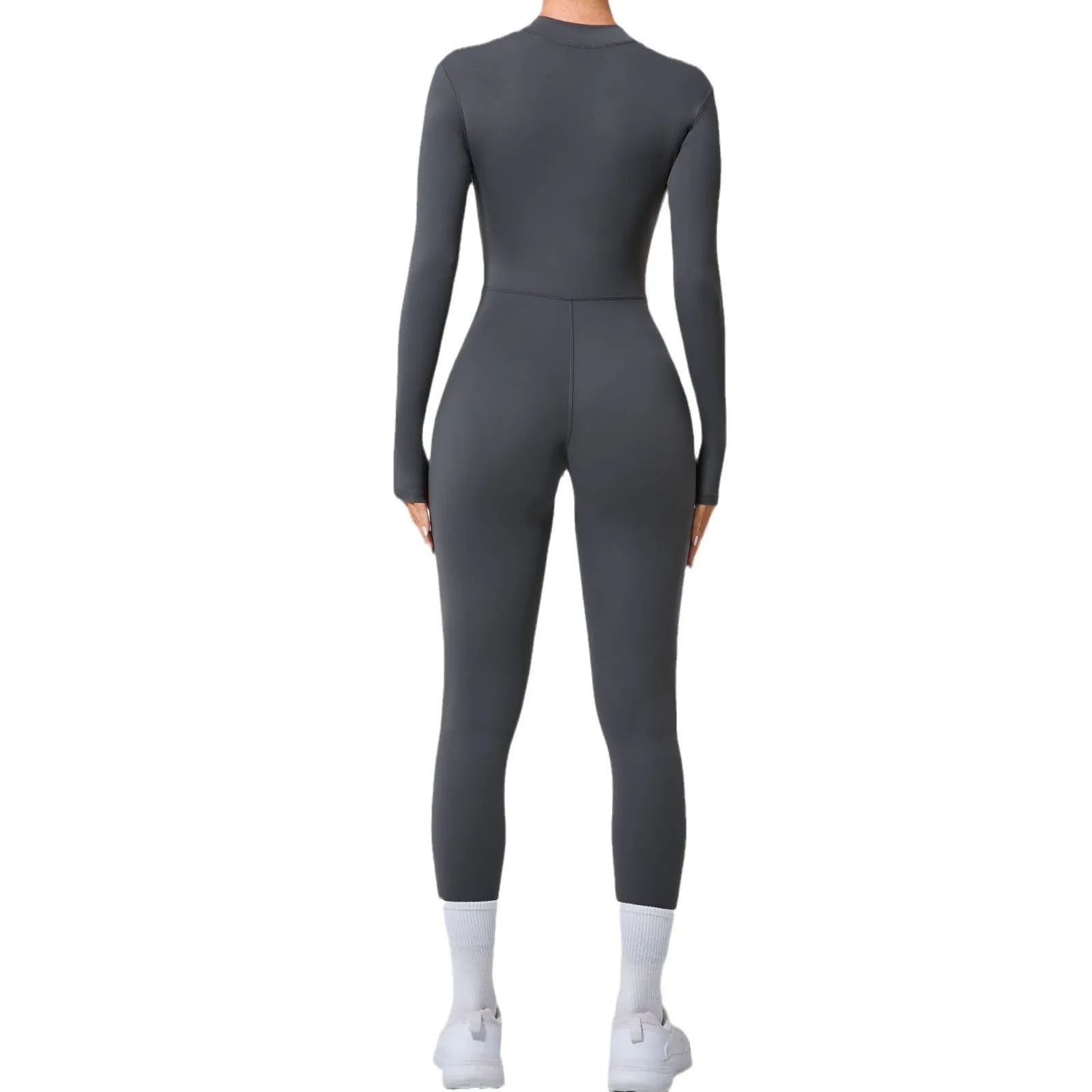 Sleek Solid Color Long Sleeve Half-Zip Yoga Jumpsuit for Active Style