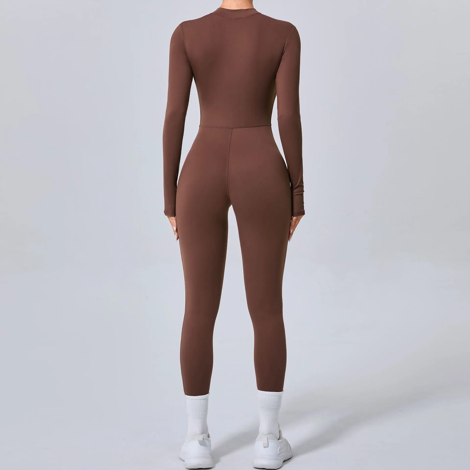 Sleek Solid Color Long Sleeve Half-Zip Yoga Jumpsuit for Active Style