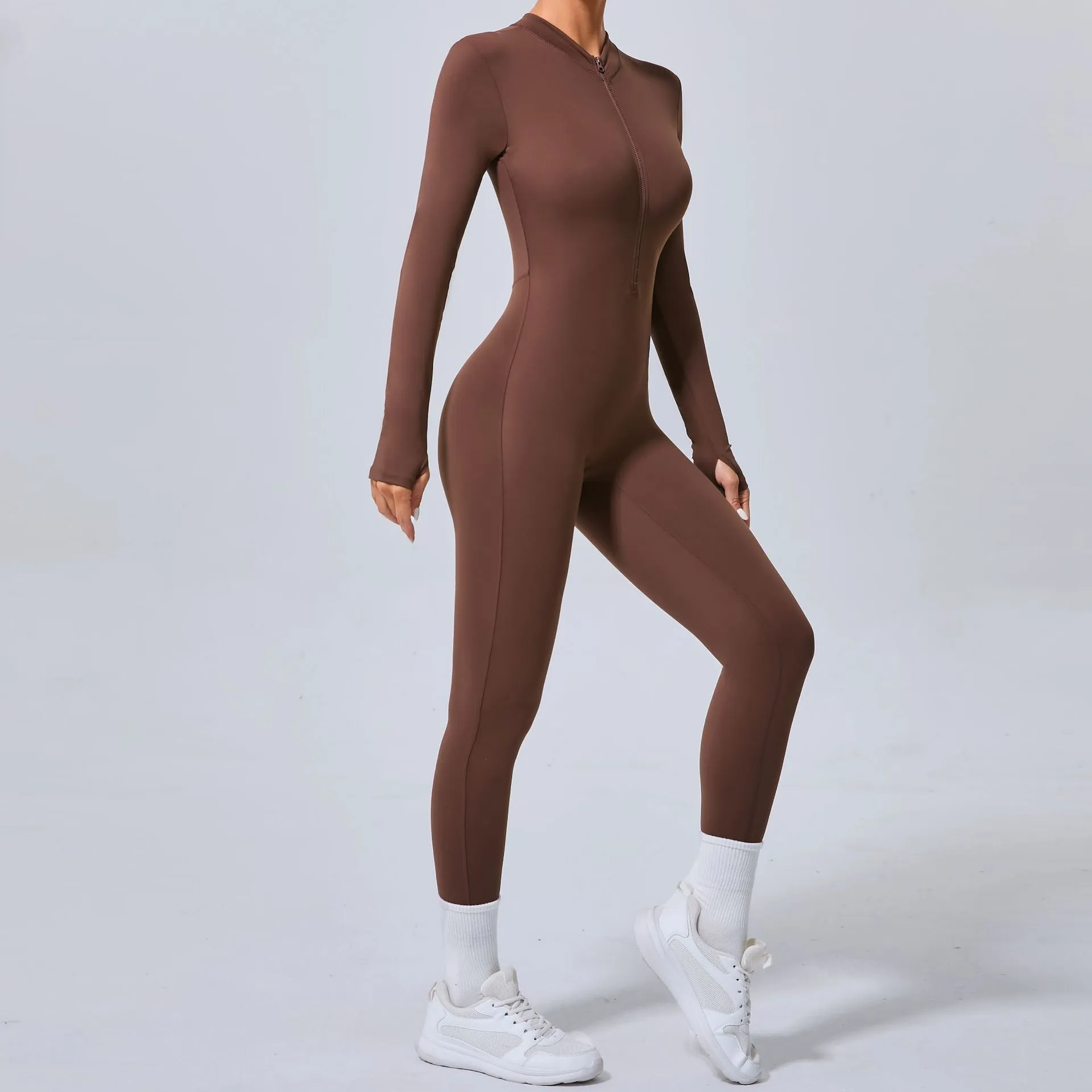 Sleek Solid Color Long Sleeve Half-Zip Yoga Jumpsuit for Active Style