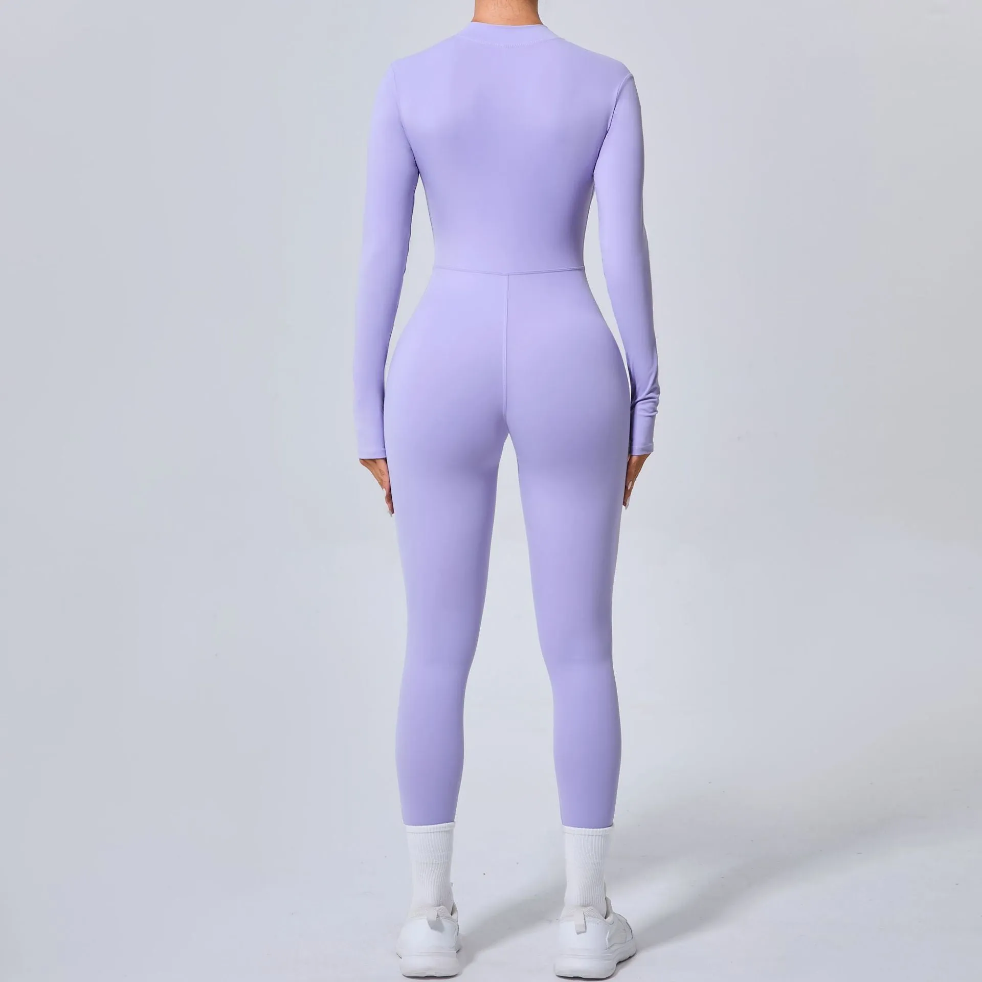 Sleek Solid Color Long Sleeve Half-Zip Yoga Jumpsuit for Active Style