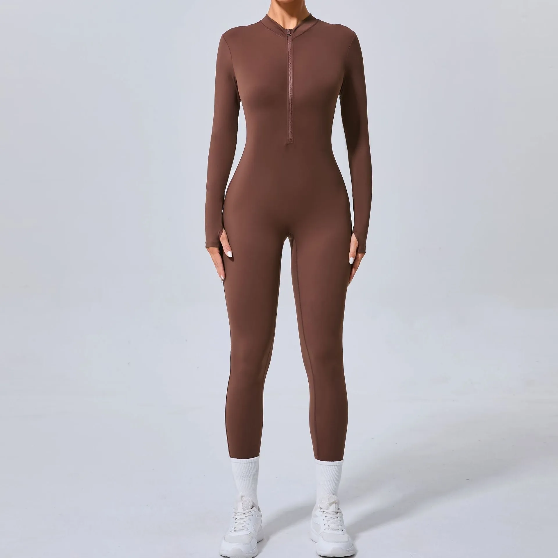 Sleek Solid Color Long Sleeve Half-Zip Yoga Jumpsuit for Active Style