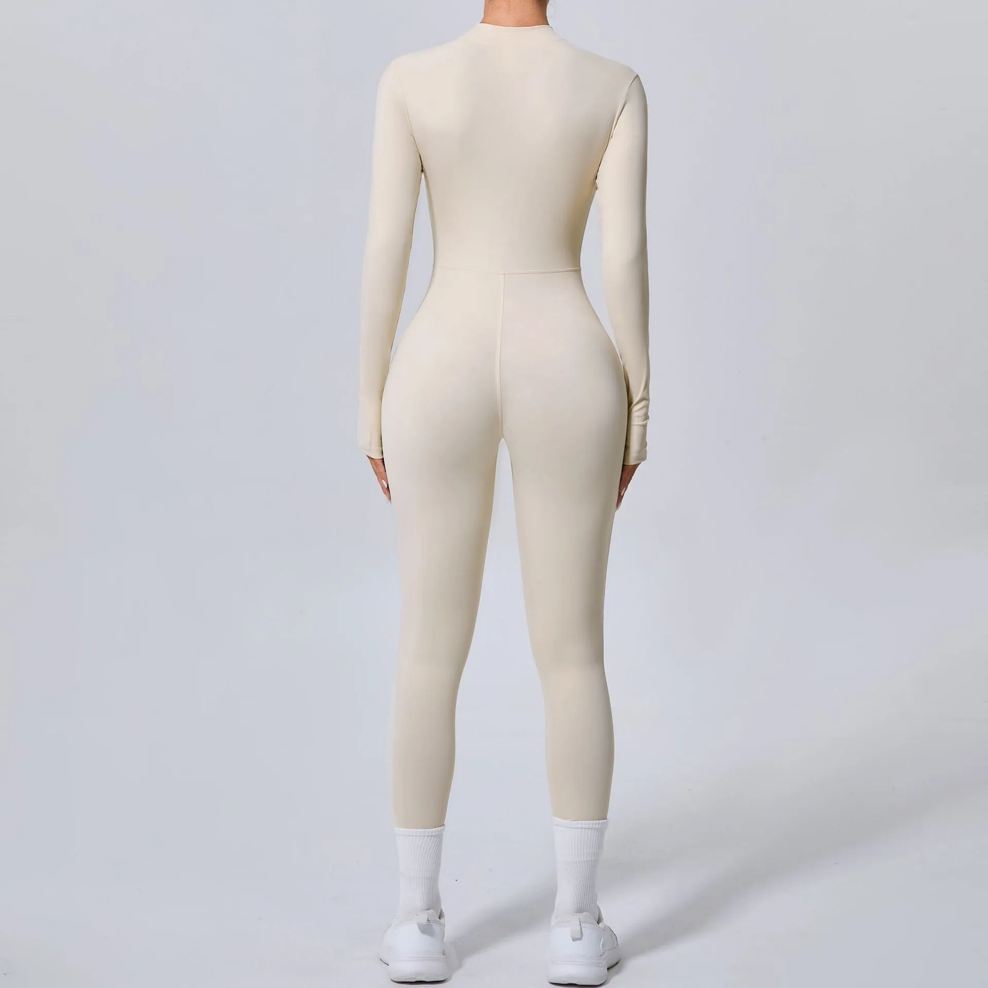 Sleek Solid Color Long Sleeve Half-Zip Yoga Jumpsuit for Active Style