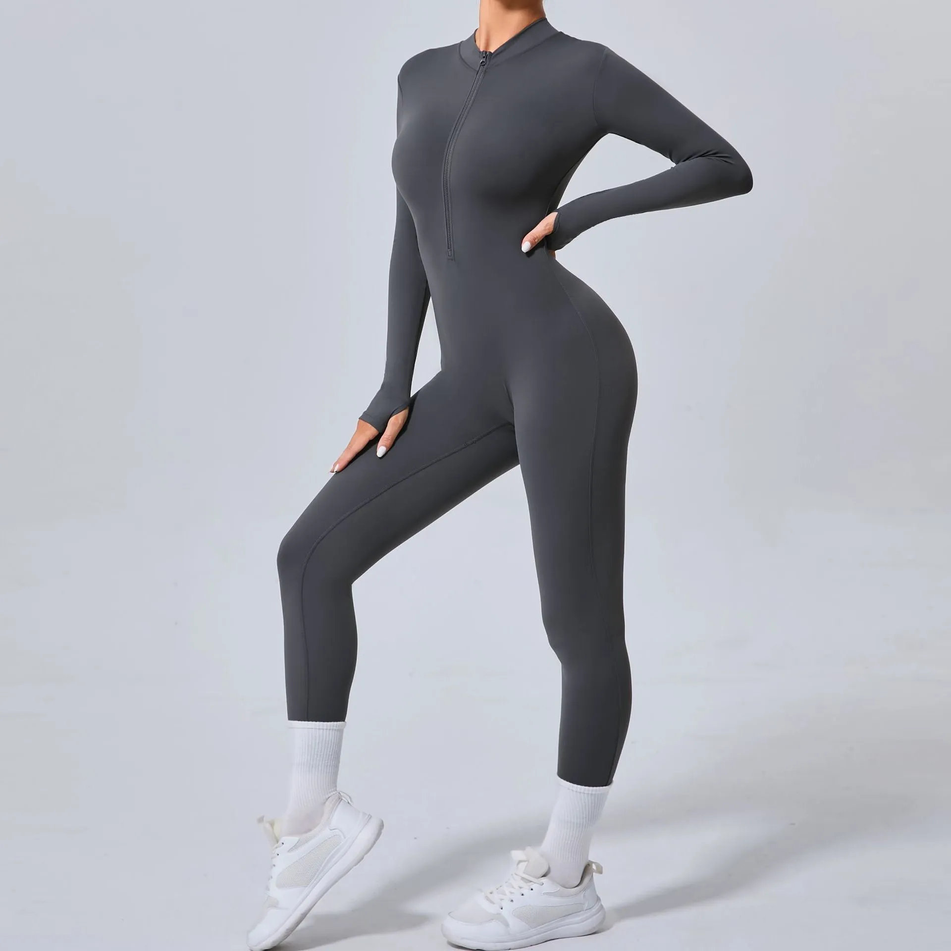 Sleek Solid Color Long Sleeve Half-Zip Yoga Jumpsuit for Active Style