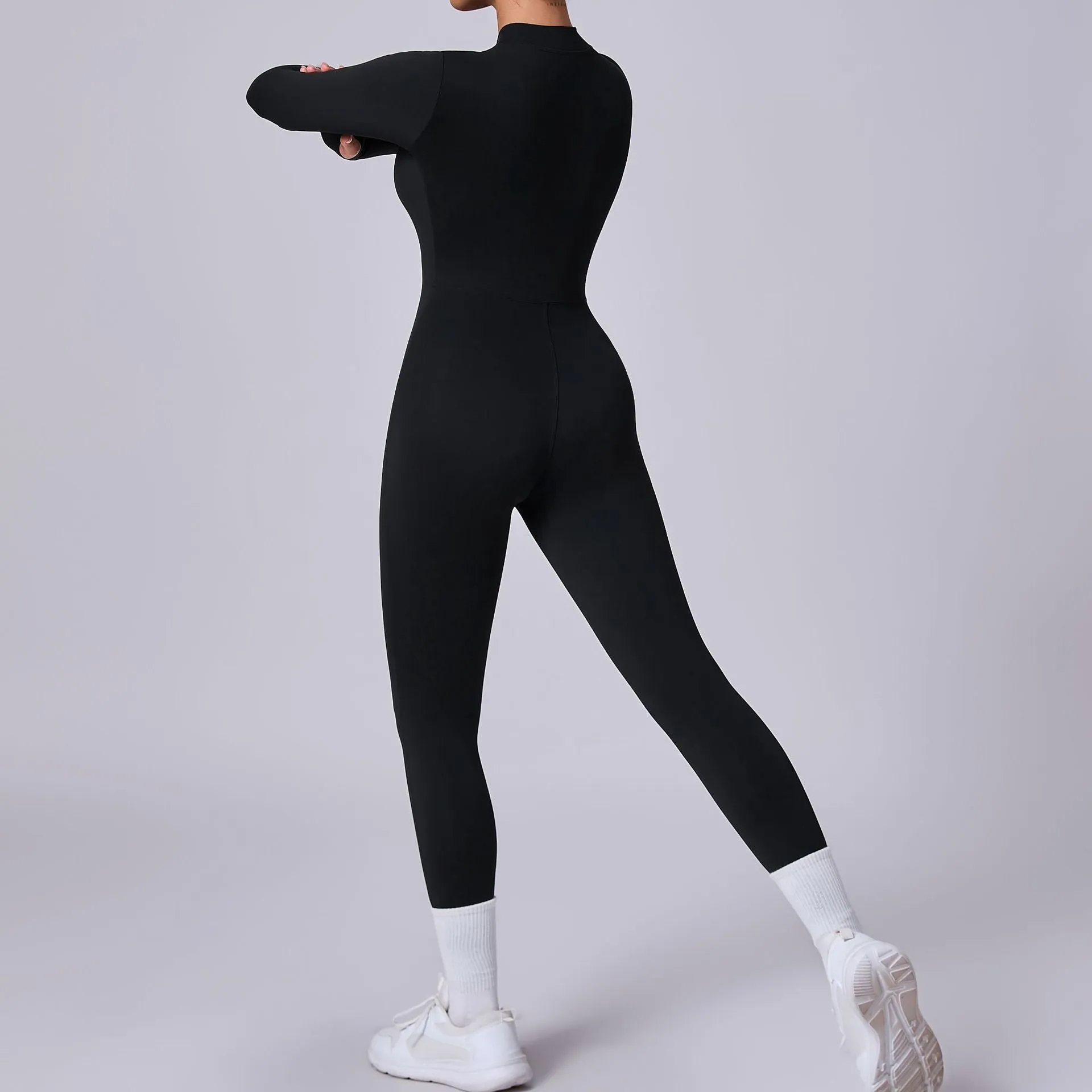 Sleek Solid Color Long Sleeve Half-Zip Yoga Jumpsuit for Active Style