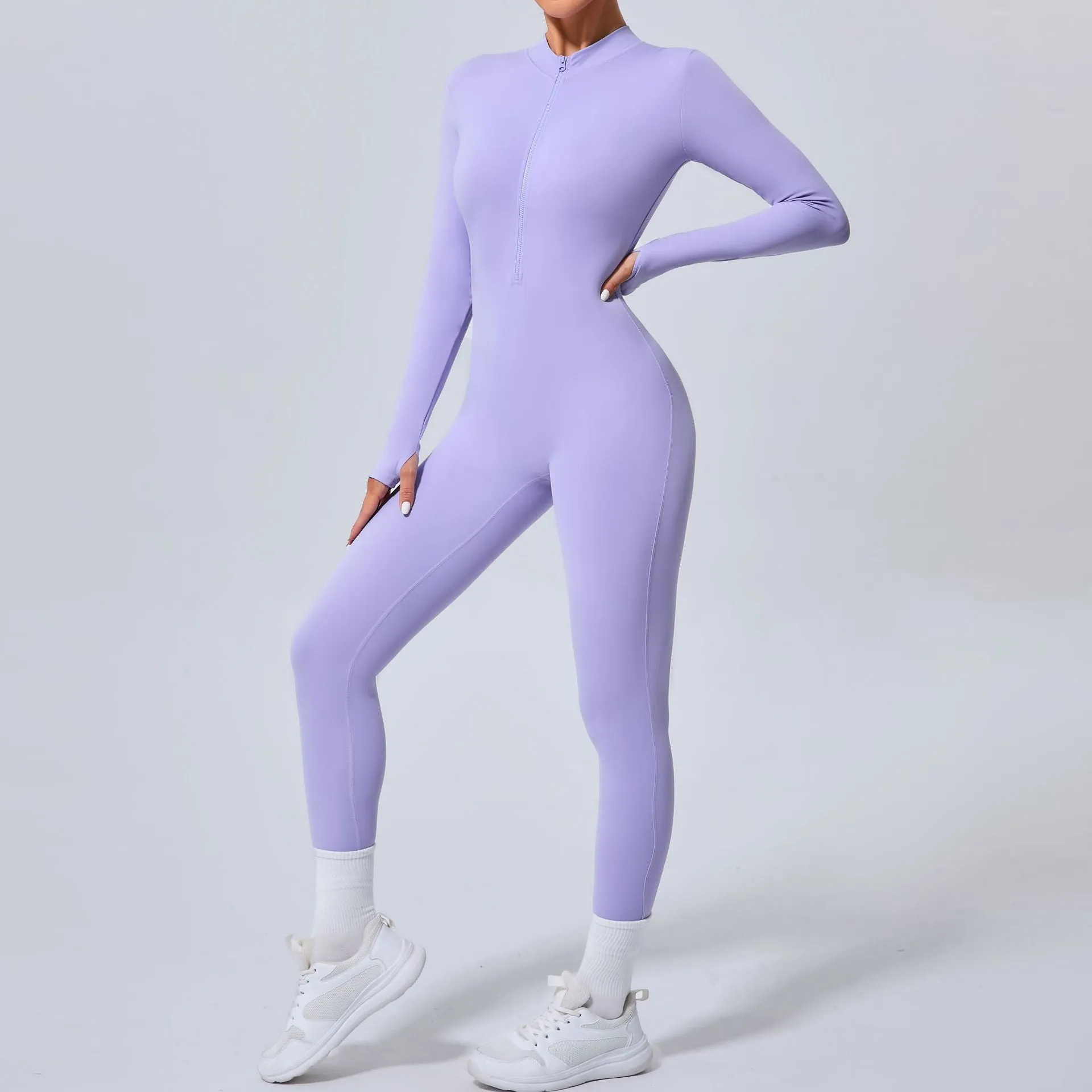 Sleek Solid Color Long Sleeve Half-Zip Yoga Jumpsuit for Active Style