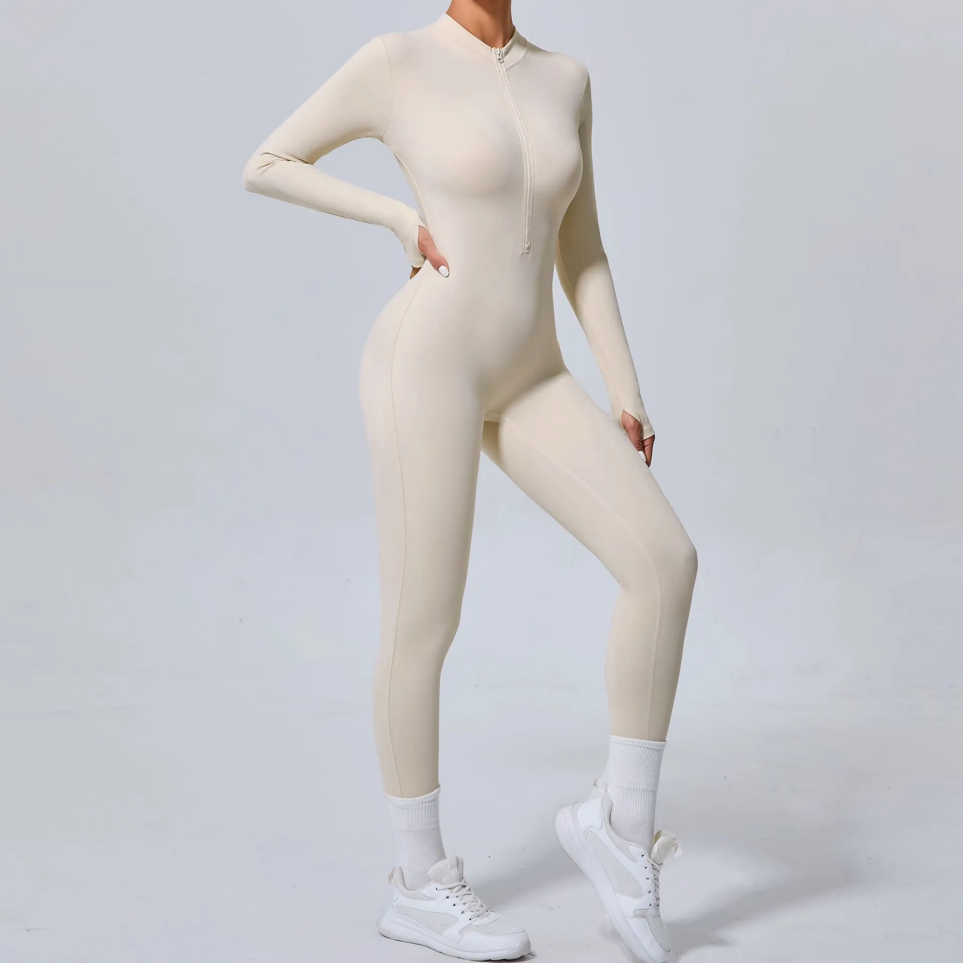 Sleek Solid Color Long Sleeve Half-Zip Yoga Jumpsuit for Active Style