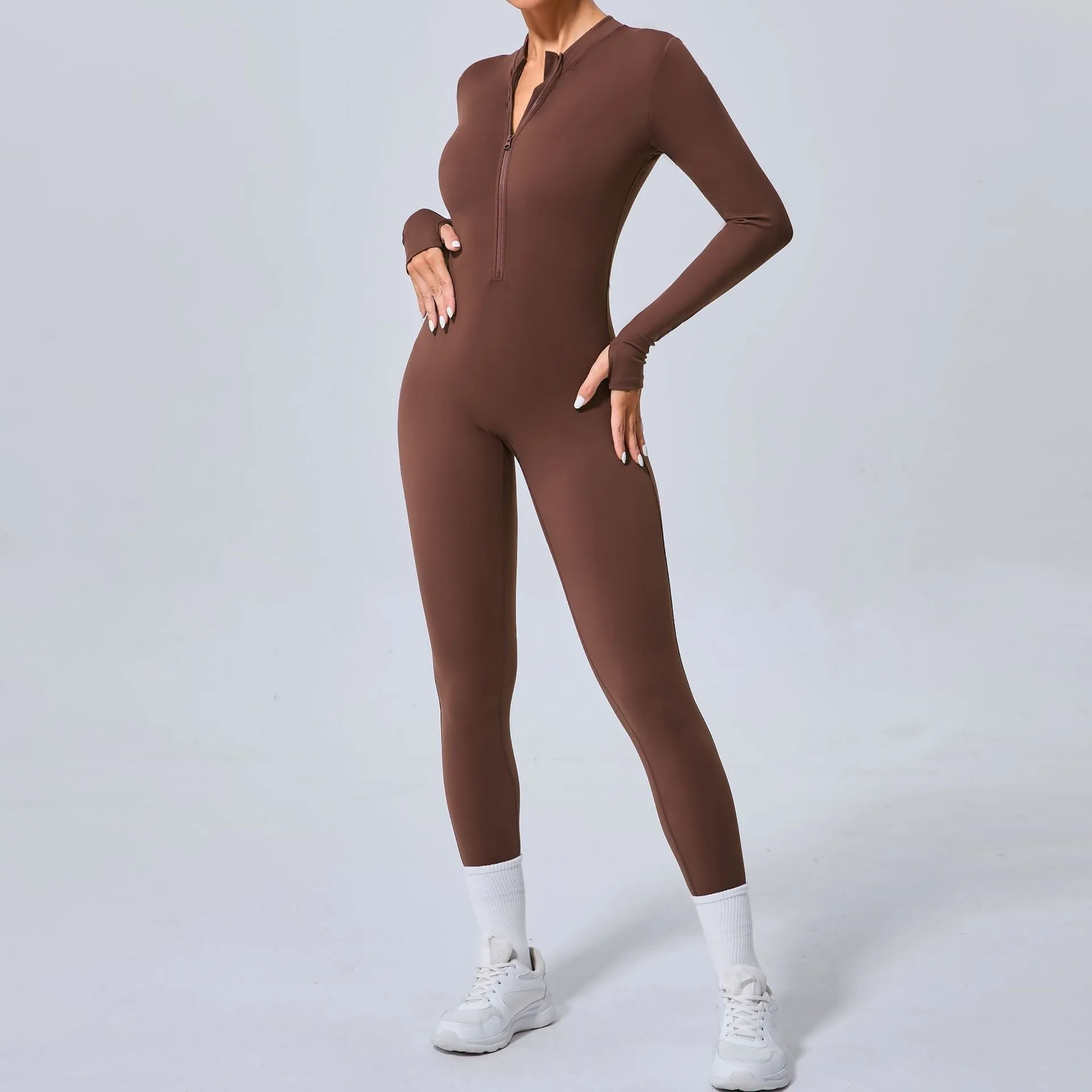 Sleek Solid Color Long Sleeve Half-Zip Yoga Jumpsuit for Active Style