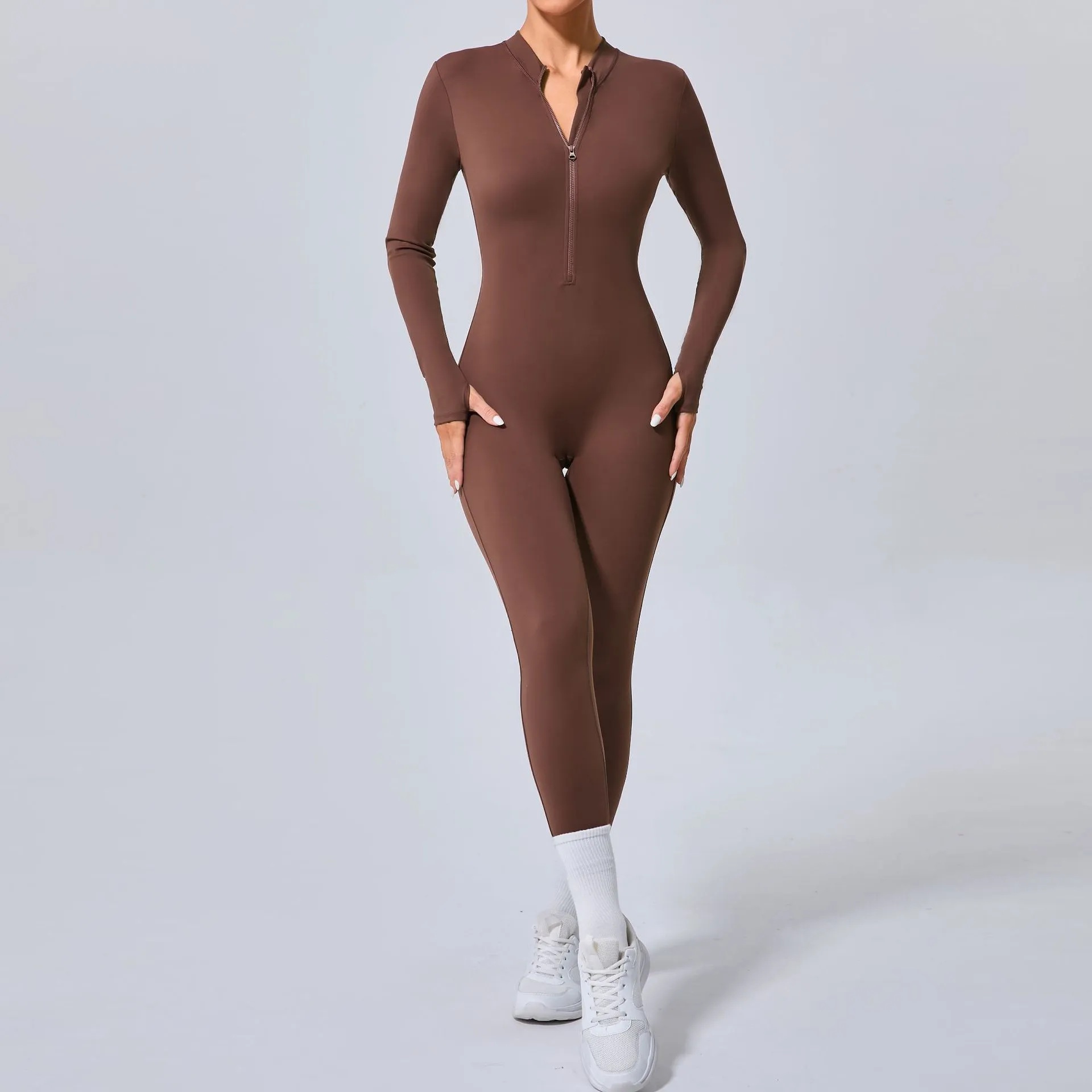 Sleek Solid Color Long Sleeve Half-Zip Yoga Jumpsuit for Active Style