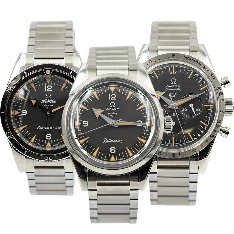 SOLD - Omega 57 Trilogy Full Set Railmaster Seamaster Speedmaster B&P '19