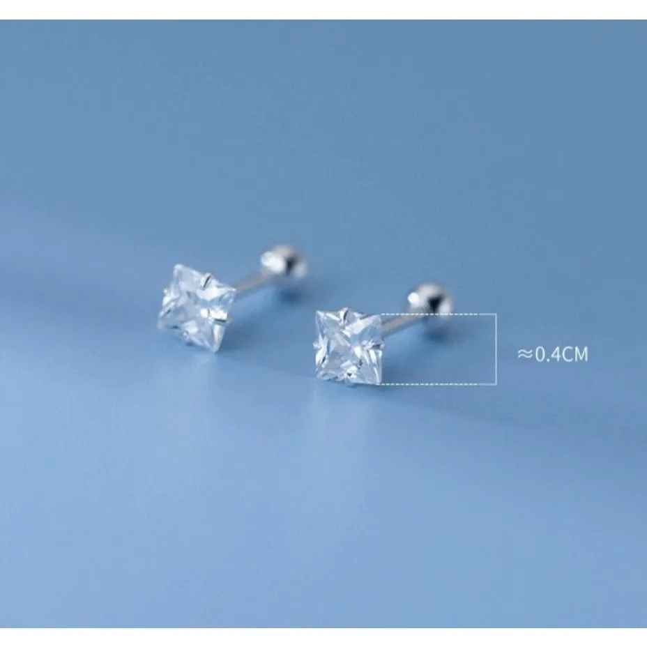 Square Solitaire CZ Screw back Studs Earrings - ESB007