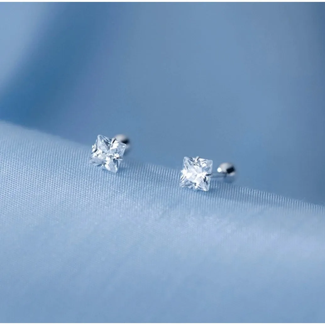 Square Solitaire CZ Screw back Studs Earrings - ESB007