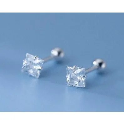 Square Solitaire CZ Screw back Studs Earrings - ESB007