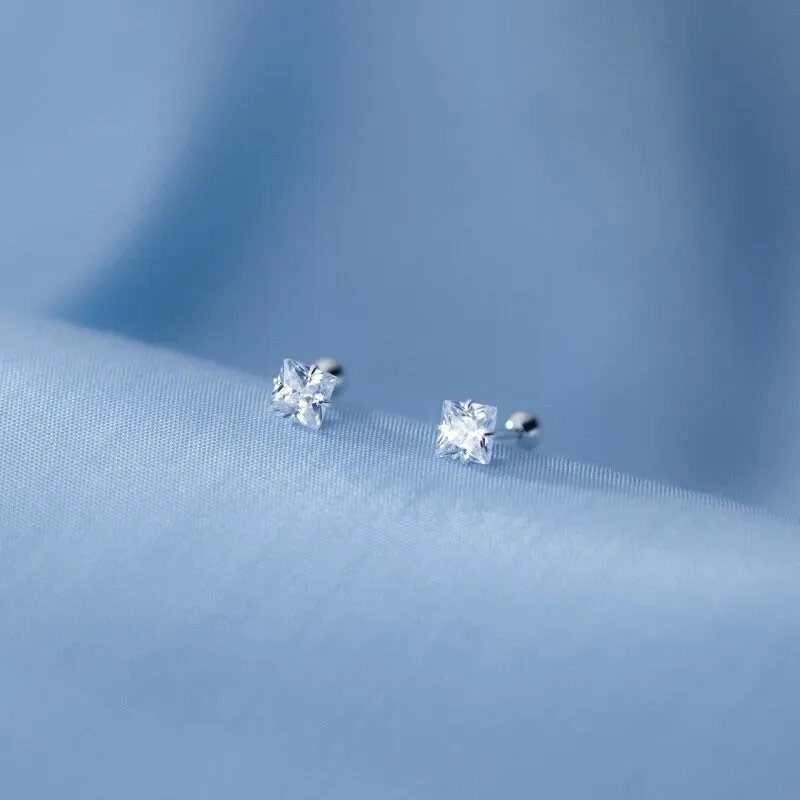 Square Solitaire CZ Screw back Studs Earrings - ESB007
