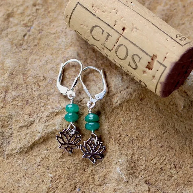 Sterling lotus charm earrings with emerald beads