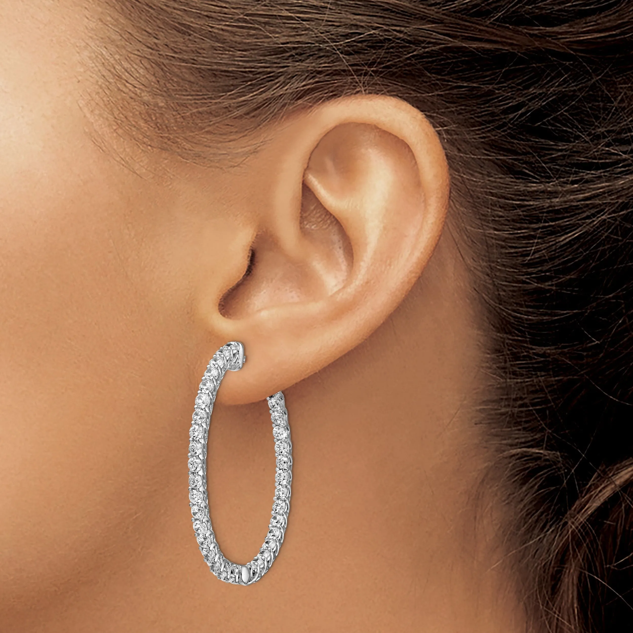 Sterling Silver CZ 66 Stones Oval Hoop Earrings