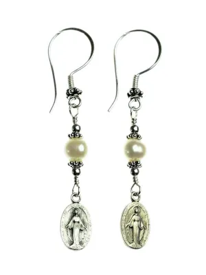 Sterling Silver Freshwater-Cultured Pearls with Miraculous Medal Earrings