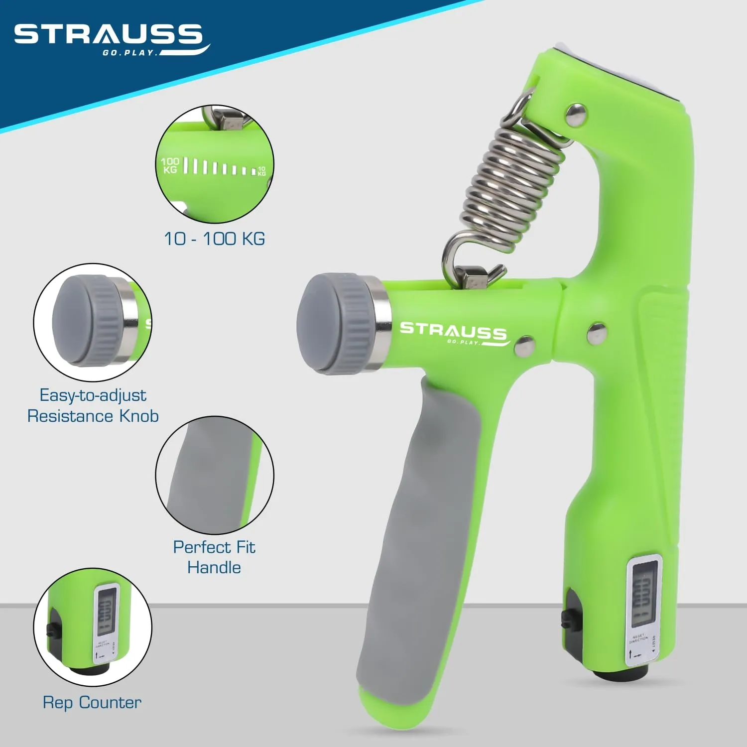 Strauss A-Shape Hand Grip | Adjustable Resistance (10KG -100KG) | Hand/Power Gripper for Home & Gym Workouts | Perfect for Finger & Forearm Hand Exercises & Strength Building for Men & Women (Green)