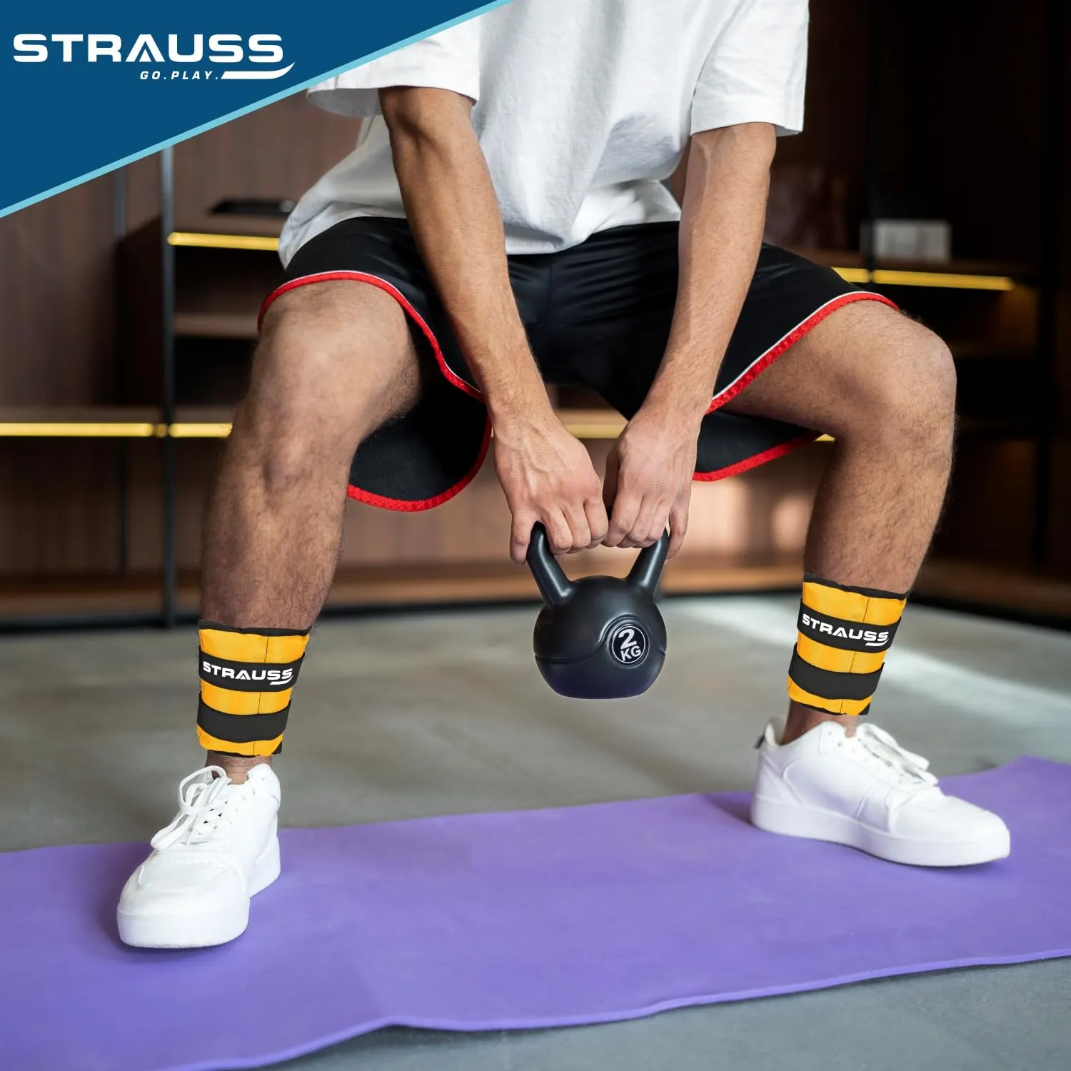 Strauss Adjustable Ankle/Wrist Weights 2.5 KG X 2 | Ideal for Walking, Running, Jogging, Cycling, Gym, Workout & Strength Training | Easy to Use on Ankle, Wrist, Leg, (Yellow)