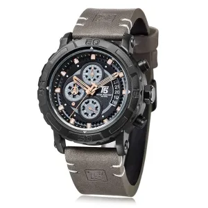 T5 Grey Leather Strap Black Dial Chronograph Quartz Watch for Gents - H3590G-B