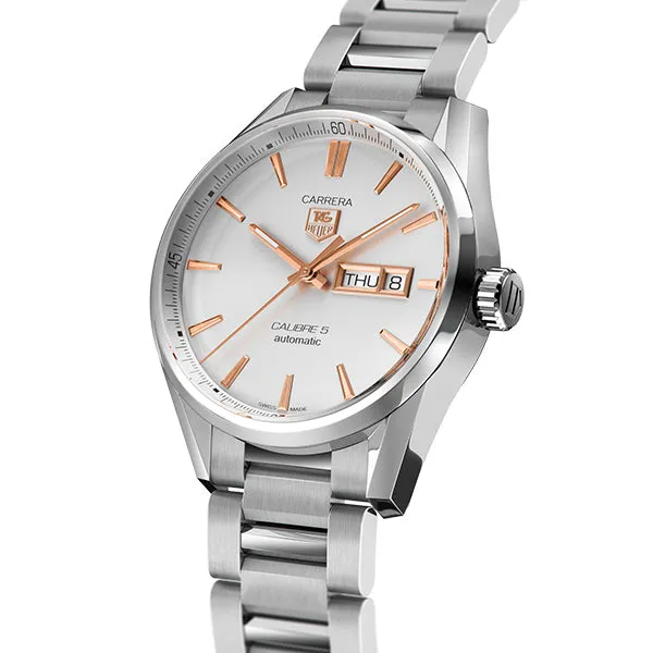Tag Heuer Carrera Calibre 5 Silver Stainless Steel Silver Dial Automatic Watch for Gents- WAR201D.BA0723