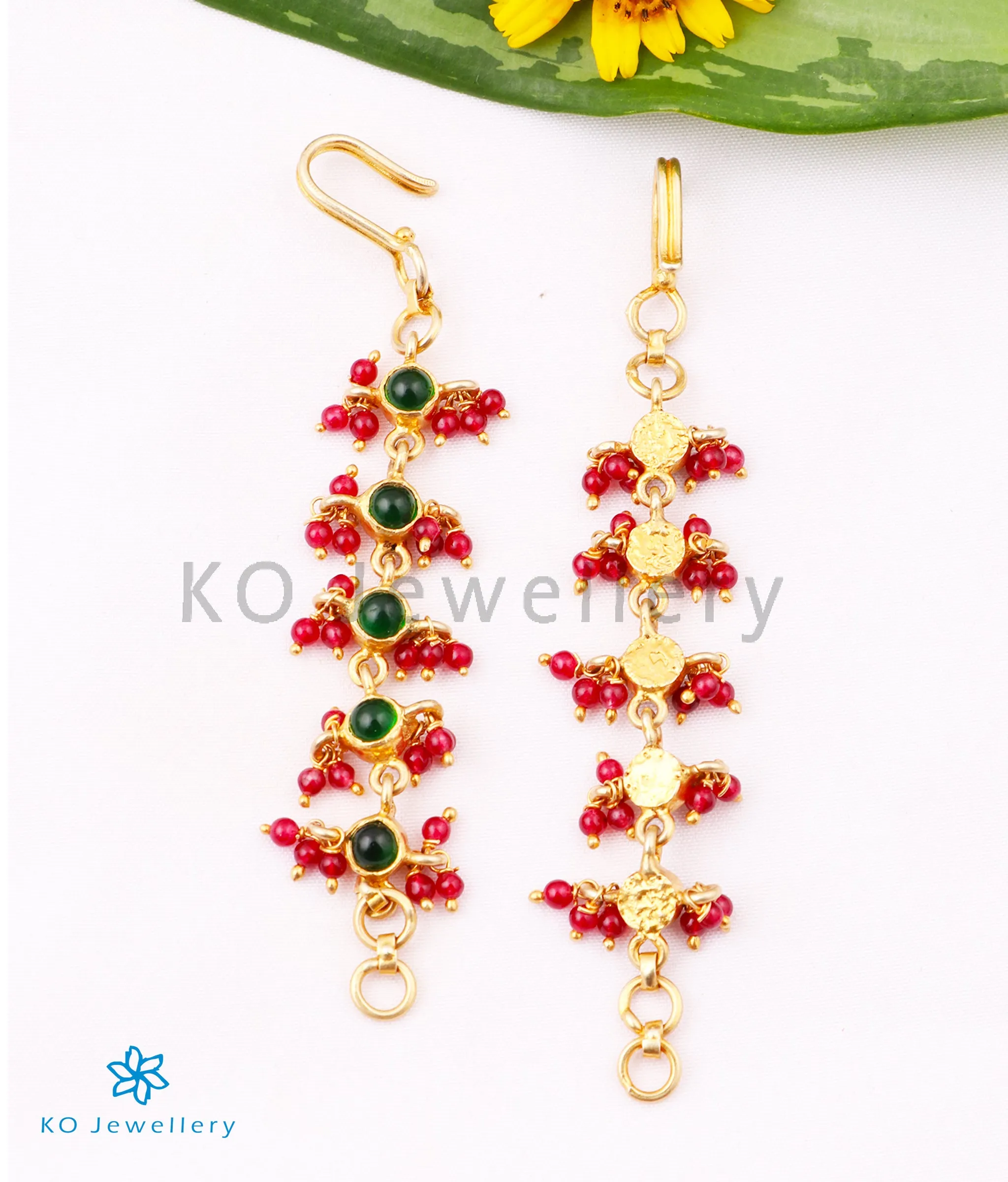 The Medha Silver Ear chain (Green with red beads)