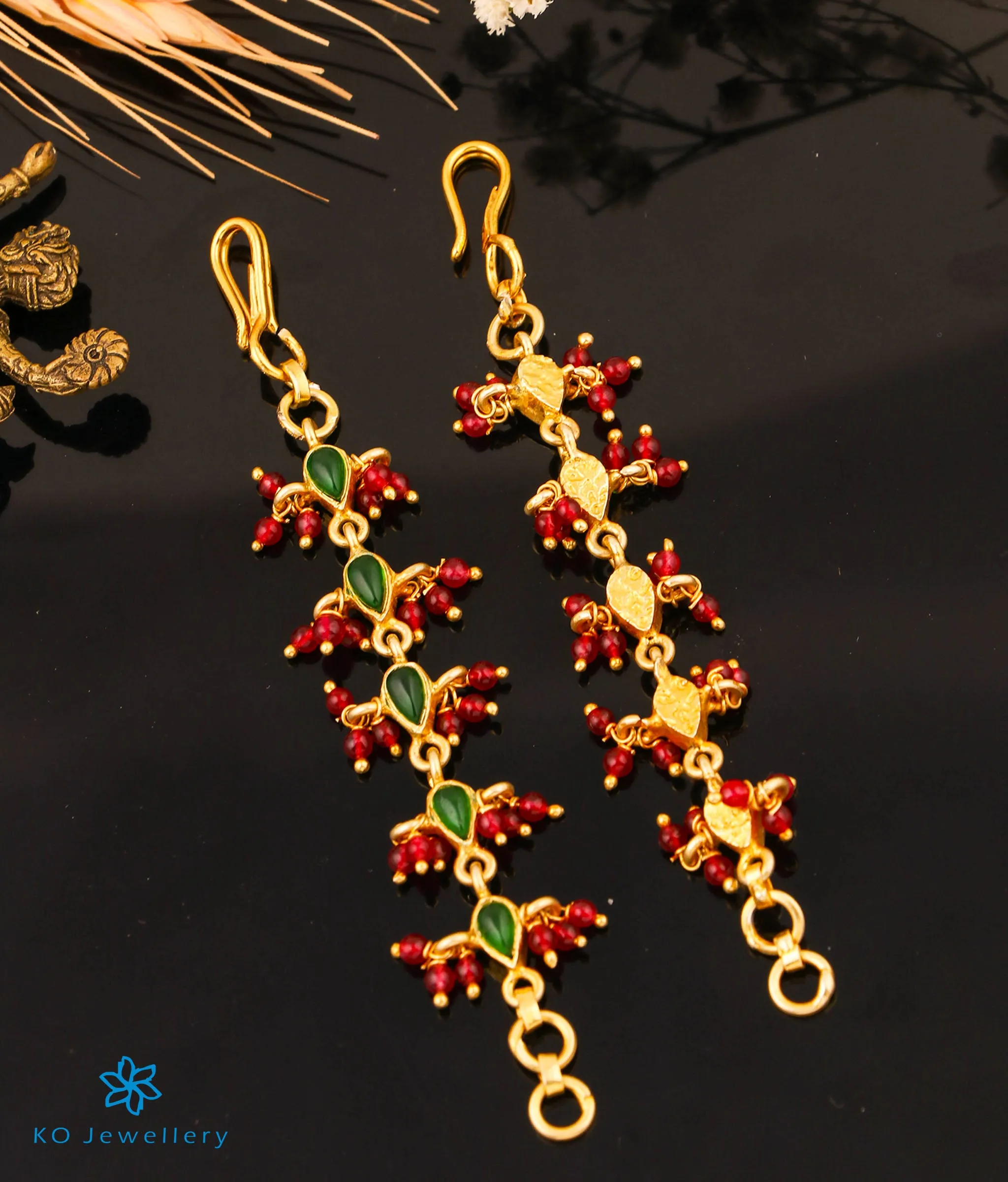 The Mithya Silver Ear chain (Green with red beads)