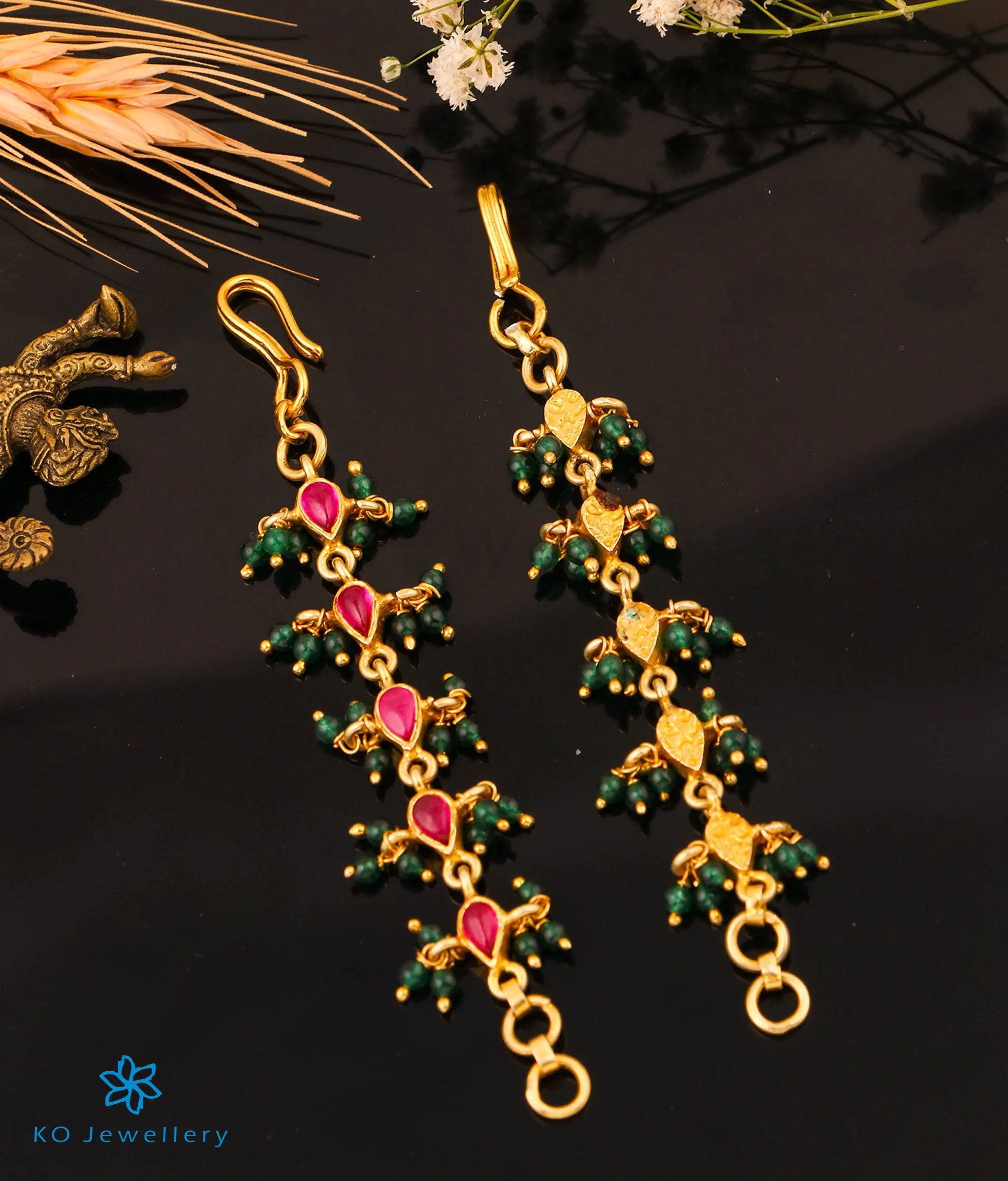The Mithya Silver Ear chain (Red with green beads)