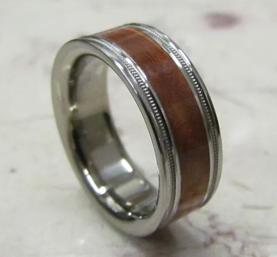 Titanium Wood Ring Custom Comfort Fit Wedding Band Brown Maple Burl Wood Milgrain Finish Wooden Anniversary Ring