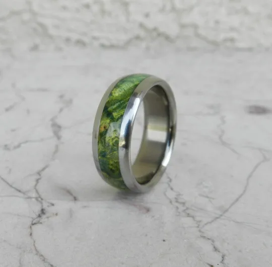 Titanium Wood Ring Green Lantern Box Elder Burl Wooden Band Mens or Ladies Wedding Ring - Bands Available in size 4-18 Rings