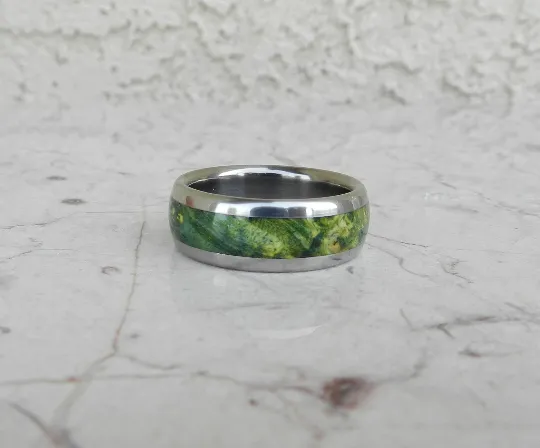 Titanium Wood Ring Green Lantern Box Elder Burl Wooden Band Mens or Ladies Wedding Ring - Bands Available in size 4-18 Rings