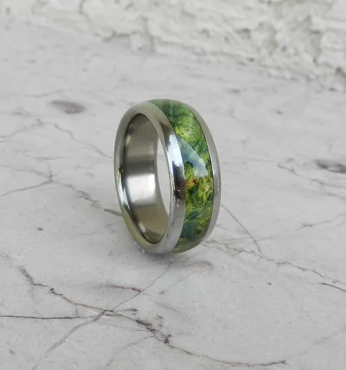 Titanium Wood Ring Green Lantern Box Elder Burl Wooden Band Mens or Ladies Wedding Ring - Bands Available in size 4-18 Rings
