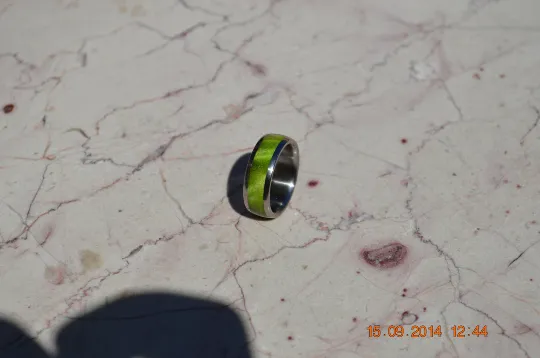 Titanium Wood Ring Green Peridot Box Elder Burl Wooden Band Mens or Ladies Wedding Ring Bands Available sizes 4-18 Rings 1/4 & 1/2 Sizes
