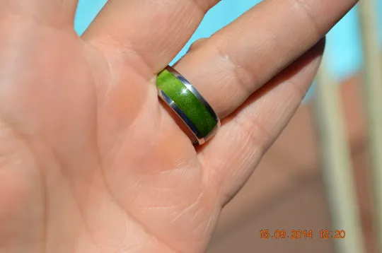 Titanium Wood Ring Green Peridot Box Elder Burl Wooden Band Mens or Ladies Wedding Ring Bands Available sizes 4-18 Rings 1/4 & 1/2 Sizes
