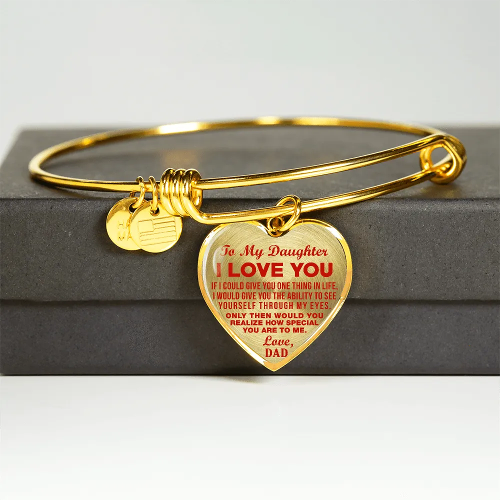 To My Daughter, One Thing, Love Dad (Red on Transparent) - Gold Finished Heart Bangle Bracelet