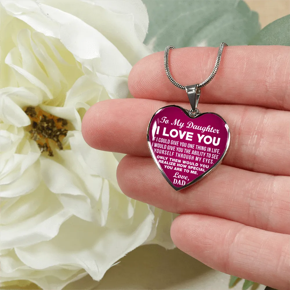 To My Daughter, One Thing, Love Dad (White on Dark Pink) - Silver Finished Heart Necklace
