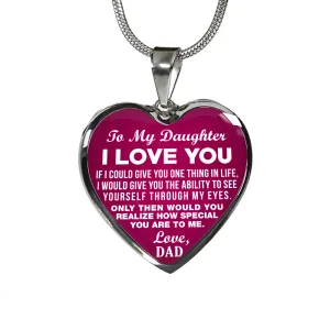 To My Daughter, One Thing, Love Dad (White on Dark Pink) - Silver Finished Heart Necklace