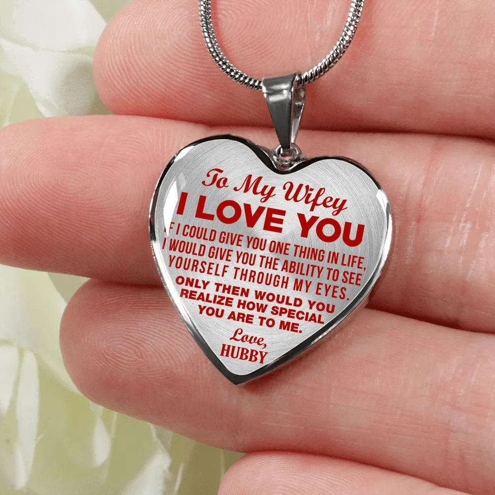 TO MY WIFEY - I LOVE YOU - (RED ON TRANSPARENT) - SILVER FINISHED HEART NECKLACE