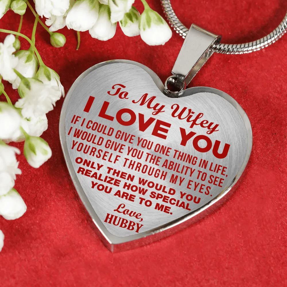 TO MY WIFEY - I LOVE YOU - (RED ON TRANSPARENT) - SILVER FINISHED HEART NECKLACE