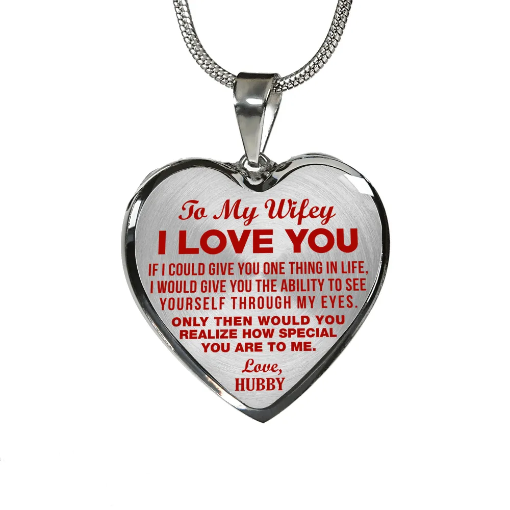 TO MY WIFEY - I LOVE YOU - (RED ON TRANSPARENT) - SILVER FINISHED HEART NECKLACE