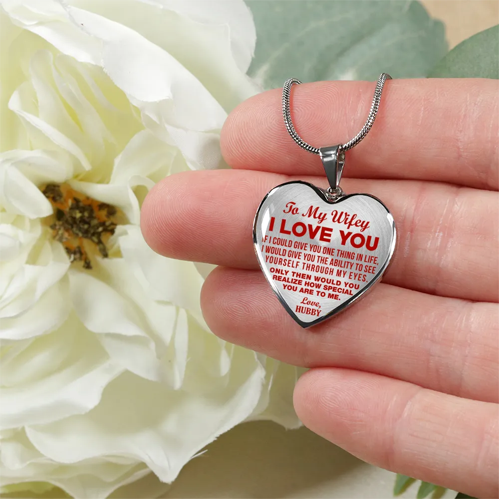 TO MY WIFEY - I LOVE YOU - (RED ON TRANSPARENT) - SILVER FINISHED HEART NECKLACE