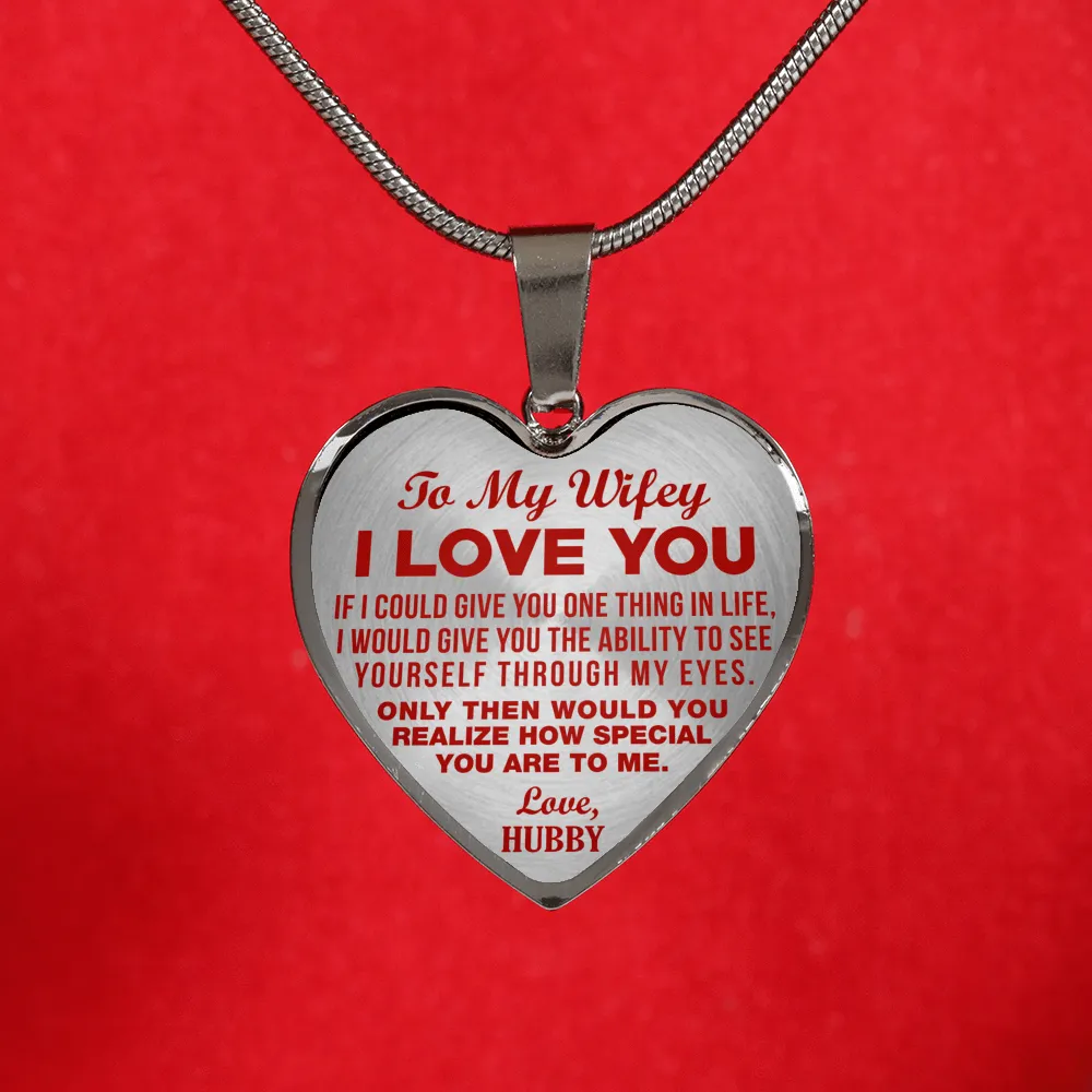 TO MY WIFEY - I LOVE YOU - (RED ON TRANSPARENT) - SILVER FINISHED HEART NECKLACE