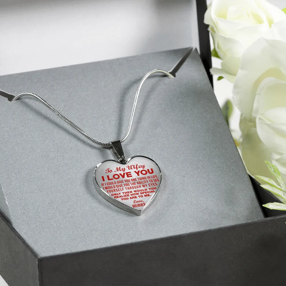 TO MY WIFEY - I LOVE YOU - (RED ON TRANSPARENT) - SILVER FINISHED HEART NECKLACE