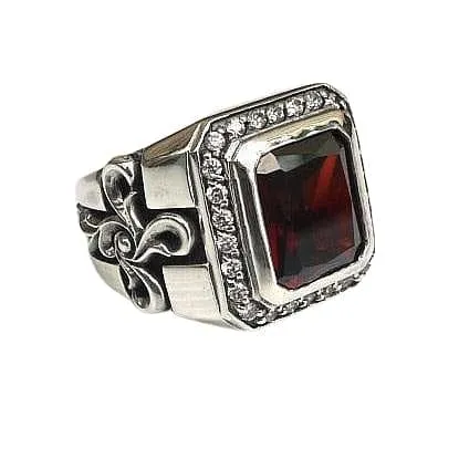 Tribal Cross Red Garnet Sterling Silver Men's Ring